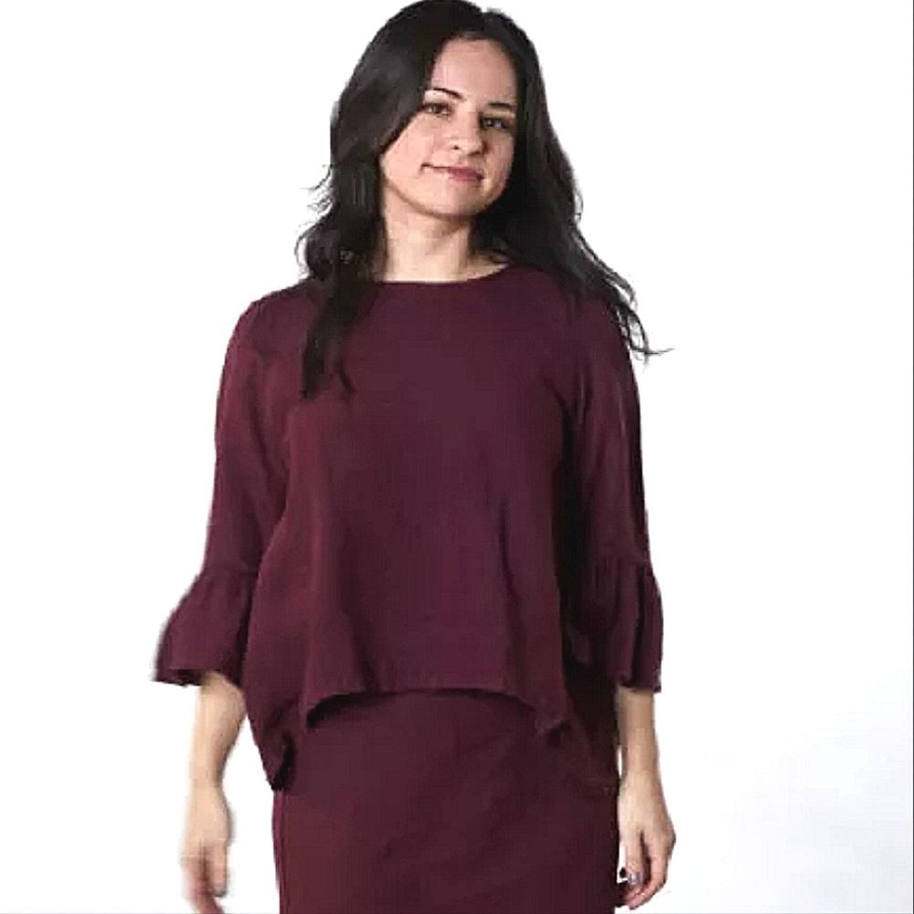 Bryn Walker Fran Lightweight Lagenlook Purple Linen Bell Sleeve Blouse